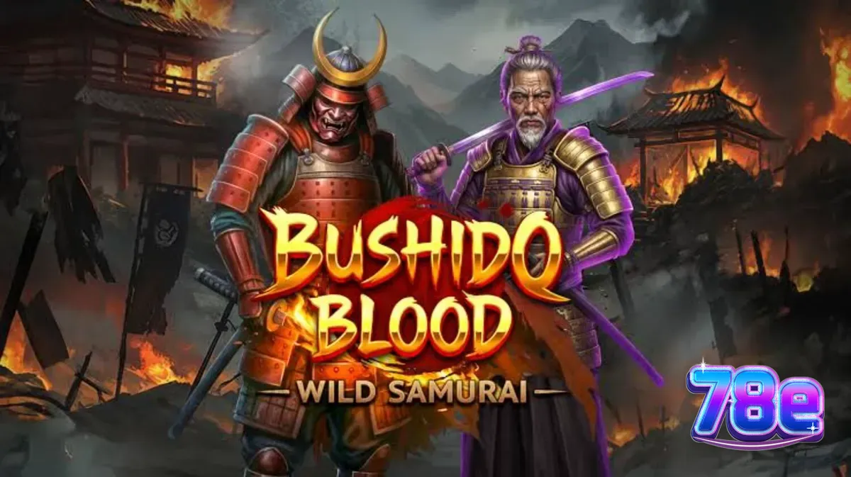 Prajurit samurai berdiri di depan gerbang kuil tradisional dengan latar belakang gulungan slot Bushido Blood